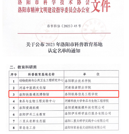 洛陽鐵路信息工程學(xué)校通訊博物館入選2023年洛陽市科普教育基地